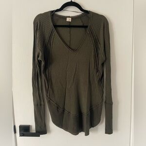 Free People Olive Green Waffle Knit Long Sleeve T-shirt - XS